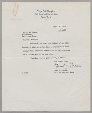 [Letter from Frank J. Greene to Daniel W. Kempner, September 28, 1951]