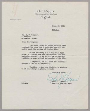 [Letter from Frank J. Greene to Daniel W. Kempner, September 25, 1951]