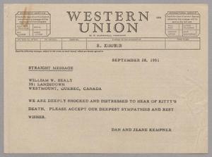 [Telegram from Jeane and D. W. Kempner to William W. Sealy, September 28, 1951]