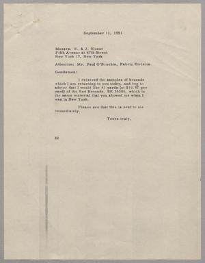 Primary view of object titled '[Letter from Mrs. Daniel W. Kempner to W. & J. Sloane, September 11, 1951]'.
