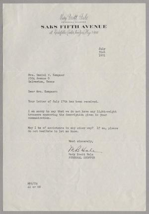 [Letter from Mary Brett Hale to Jeane B. Kempner, July 31, 1951]