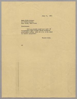 [Letter from Danie W. Kempner to Saks Fifth Avenue, July 17, 1951]
