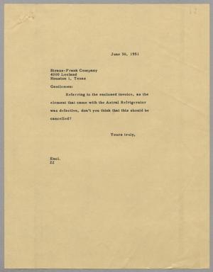 [Letter from Daniel W. Kemper to Straus-Frank Company, June 30, 1951]