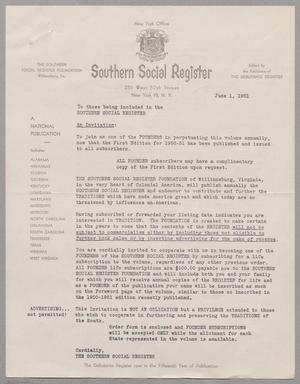 Primary view of object titled '[Letter from the Southern Social Register, June 1, 1951]'.