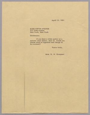 Primary view of object titled '[Letter from Jeane B. Kempner to Saks Fifth Avenue, April 13, 1951]'.
