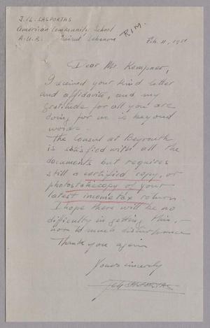 Primary view of object titled '[Handwritten Letter from J. Charles Sasportas to Daniel W. Kempner, February 11, 1951]'.