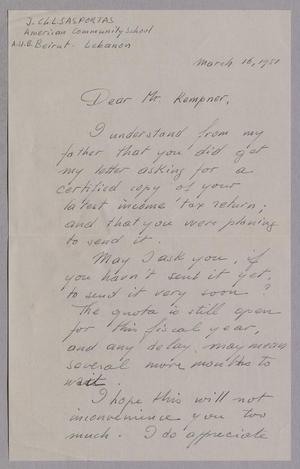 Primary view of object titled '[Handwritten Letter from J. Charles Sasportas to Daniel W. Kempner, March 16, 1951]'.