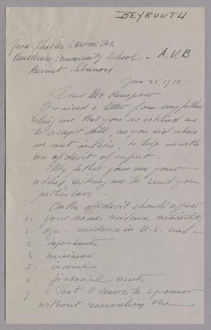 Primary view of object titled '[Handwritten letter from Jean-Charles Sasportas to Daniel W. Kempner, January 25, 1951]'.