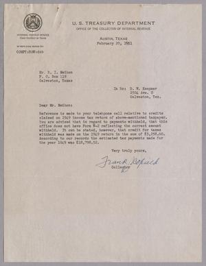 [Letter from the U.S. Treasury Department to R. I. Meihon, February 20, 1951]