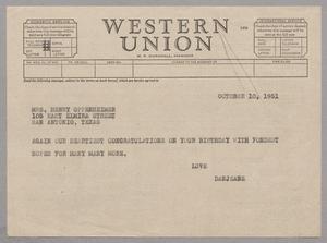 [Telegram from Jeane and D. W. Kempner to Mrs. Henry Oppenheimer, October 10, 1951]