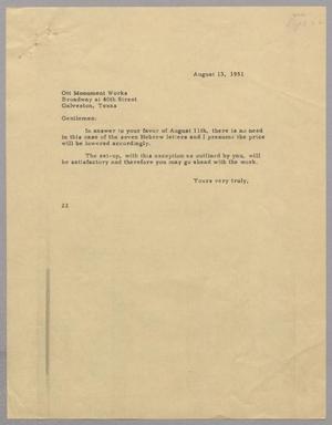 [Letter from Daniel W. Kempner to Ott Monument Works, August 13, 1951]