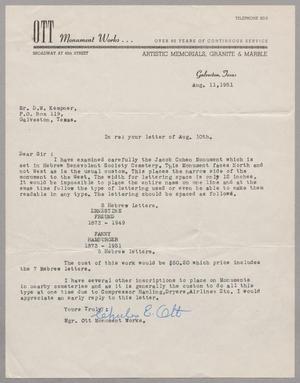 [Letter from Ott Monument Works to Daniel W. Kempner, August 11, 1951]