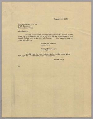 [Letter from Daniel W. Kempner to Ott Monument Works, August 10, 1951]