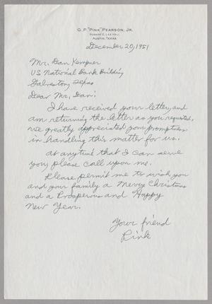 [Handwritten Letter from G. P. "Pink" Pearson, Jr. to Daniel W. Kempner, December 20, 1951]