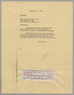 [Letter from Daniel W. Kempner to Park Curiosity Shop, Inc., December 7, 1951]