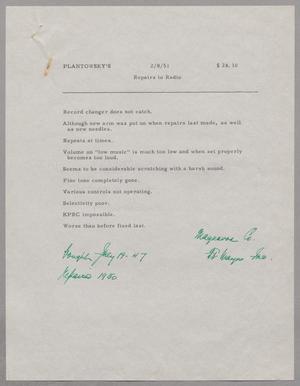 [Invoice for Repairs to Radio, August 1951]