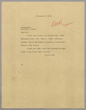 [Letter from Daniel W. Kempner to the Postmaster, February 21, 1951]