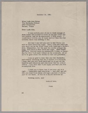 [Letter from Daniel W. Kempner to Lyda Ann Quinn, October 10, 1951]