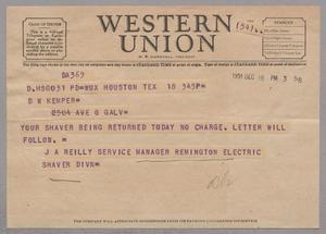 [Telegram from J. A. Reilly to D. W. Kempner, December 18, 1951]