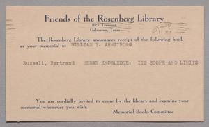 Primary view of object titled '[Postal Card from Rosenberg Library to Mr. and Mrs. D. W. Kempner, January 11, 1951]'.