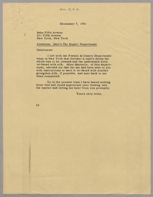 [Letter from Mrs. Daniel W. Kempner to Saks Fifth Avenue, December 7, 1951]