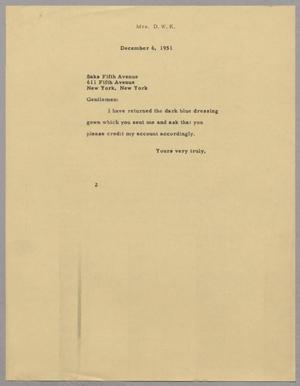 [Letter from Mrs. Daniel W. Kempner to Saks Fifth Avenue, December 6, 1951]