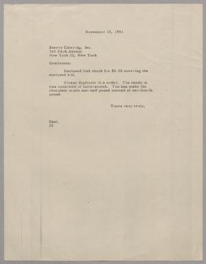 [Letter from Daniel W. Kempner to Sherry Catering, Inc., November 13, 1951]