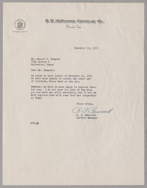 [Letter from R. F. Pancoast to Daniel W. Kempner, December 13, 1951]