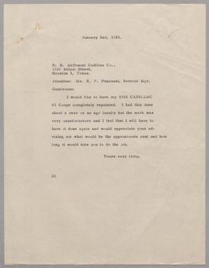 [Letter from Daniel W. Kempner to D. B. McDaniel Cadillac Co., January 2, 1951]
