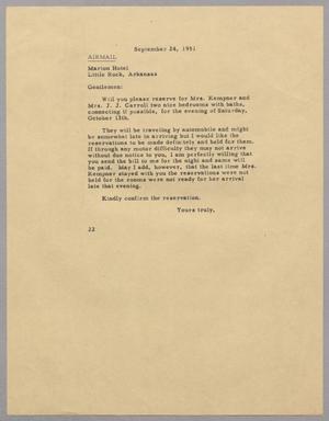 [Letter from Daniel W. Kempner to The Marion Hotel, September 24, 1951]