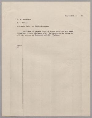 Primary view of object titled '[Letter from Daniel W. Kempner to R. I. Mehan, September 13, 1951]'.