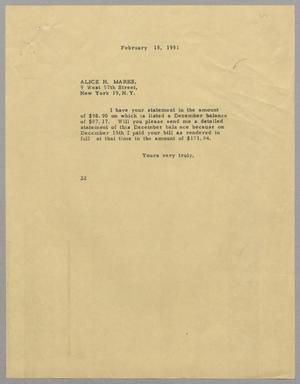 [Letter from Daniel W. Kempner to Alice H. Marks, February 15, 1951]