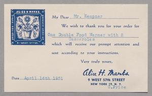 [Postcard from Alice H. Marks to D. W. Kempner, April 16, 1951]