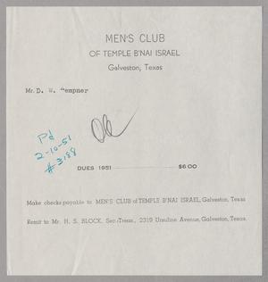 [Invoice for the Dues of 1951 by Men's Club of Temple B'Nai Israel]