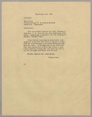 [Letter from Daniel W. Kempner to Noel Hotel, September 24, 1951]