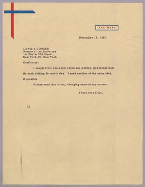 [Letter from Daniel W. Kempner to Lewis & Conger, November 17, 1952]