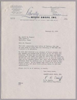 [Letter from Liberty Music Shops, Inc. to D. W. Kempner, February 15, 1952]