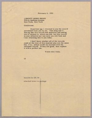 [Letter from D. W. Kempner to Liberty Music Shops, Inc., February 6, 1952]