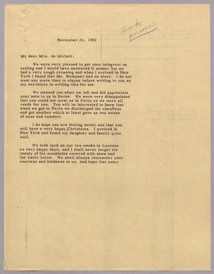 [Letter from Mrs. Daniel W. Kempner to Mrs. Alfred de Micheli, November 20, 1952]