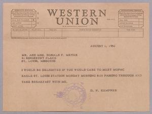 [Telegram from D. W. Kempner to Mr. and Mrs. Donald F. Meyer, August 1, 1952]