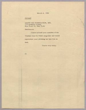 [Letter from Daniel W. Kempner to Men's Tie Foundation, Inc., March 4, 1952]