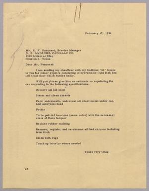 [Letter from Daniel W. Kempner to R. F. Pancoast, February 19, 1952]