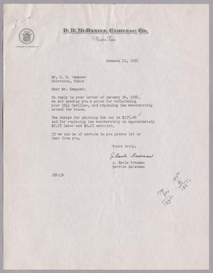 Primary view of object titled '[Letter from D. B. McDaniel Cadillac Co. to Daniel W. Kempner, January 31, 1952]'.