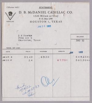 [Invoice for Balance for D. B. McDaniel Cadillac Co., January 1952]