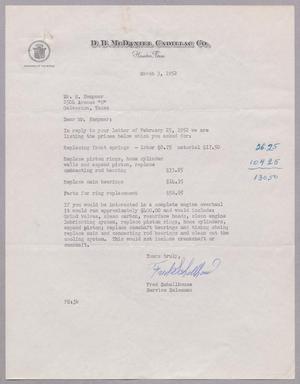 [Letter from D. B. McDaniel Cadillac Co. to Daniel W. Kempner, March 3, 1952]