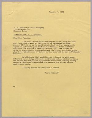 [Letter from Daniel W. Kempner to D. B. McDaniel Cadillac Company, January 18, 1952]