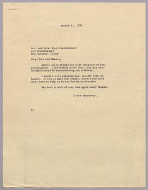 [Letter from Daniel W. Kempner to Mrs. and Mrs. Dan Oppenheimer, March 31, 1952]