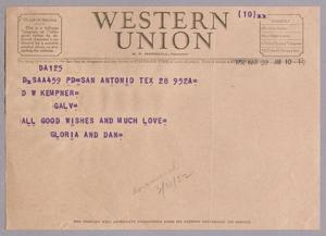 [Telegram from Dan and Gloria Oppenheimer to D. W. Kempner, March 28, 1952]