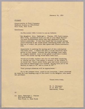 [Letter from Daniel W. Kempner to the Abercrombie & Fitch Company, January 16, 1952]