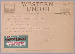 [Telegram from Margaret and Daryl to Daniel Kempner, March 27, 1952]
